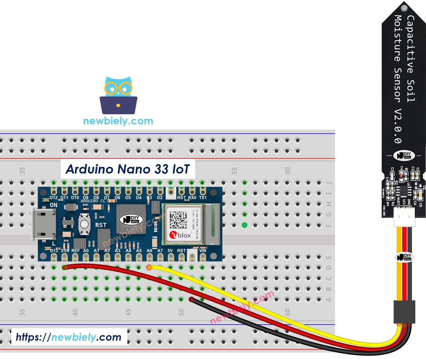 The wiring diagram between Arduino Nano and 33 IoT soil moisture sensor