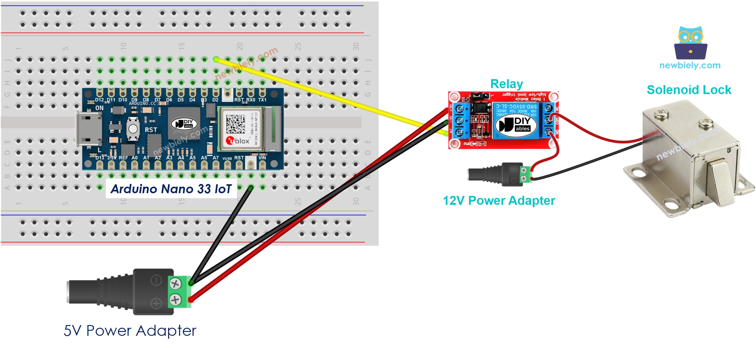 The wiring diagram between Arduino Nano and 33 IoT Solenoid Lock