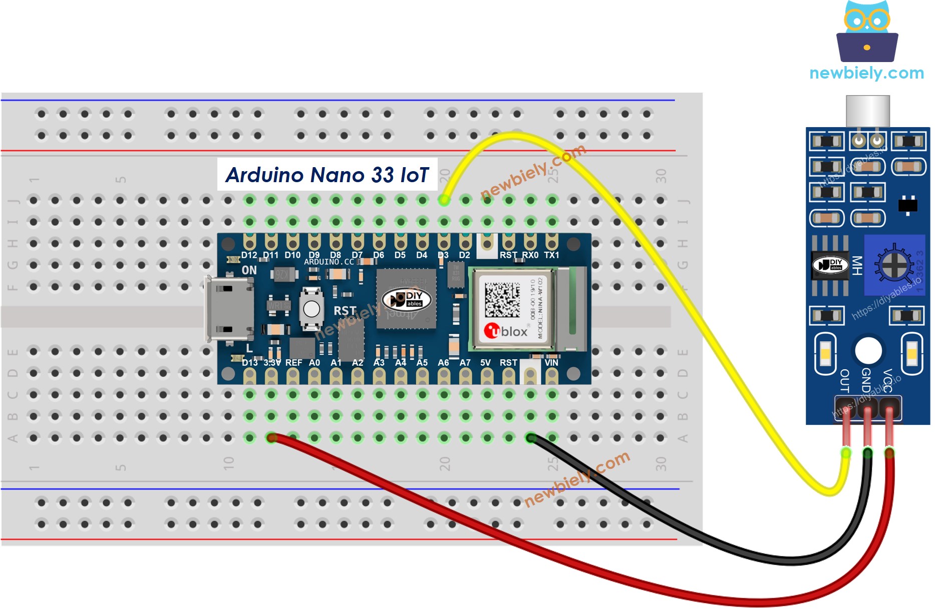 The wiring diagram between Arduino Nano and 33 IoT Sound Sensor