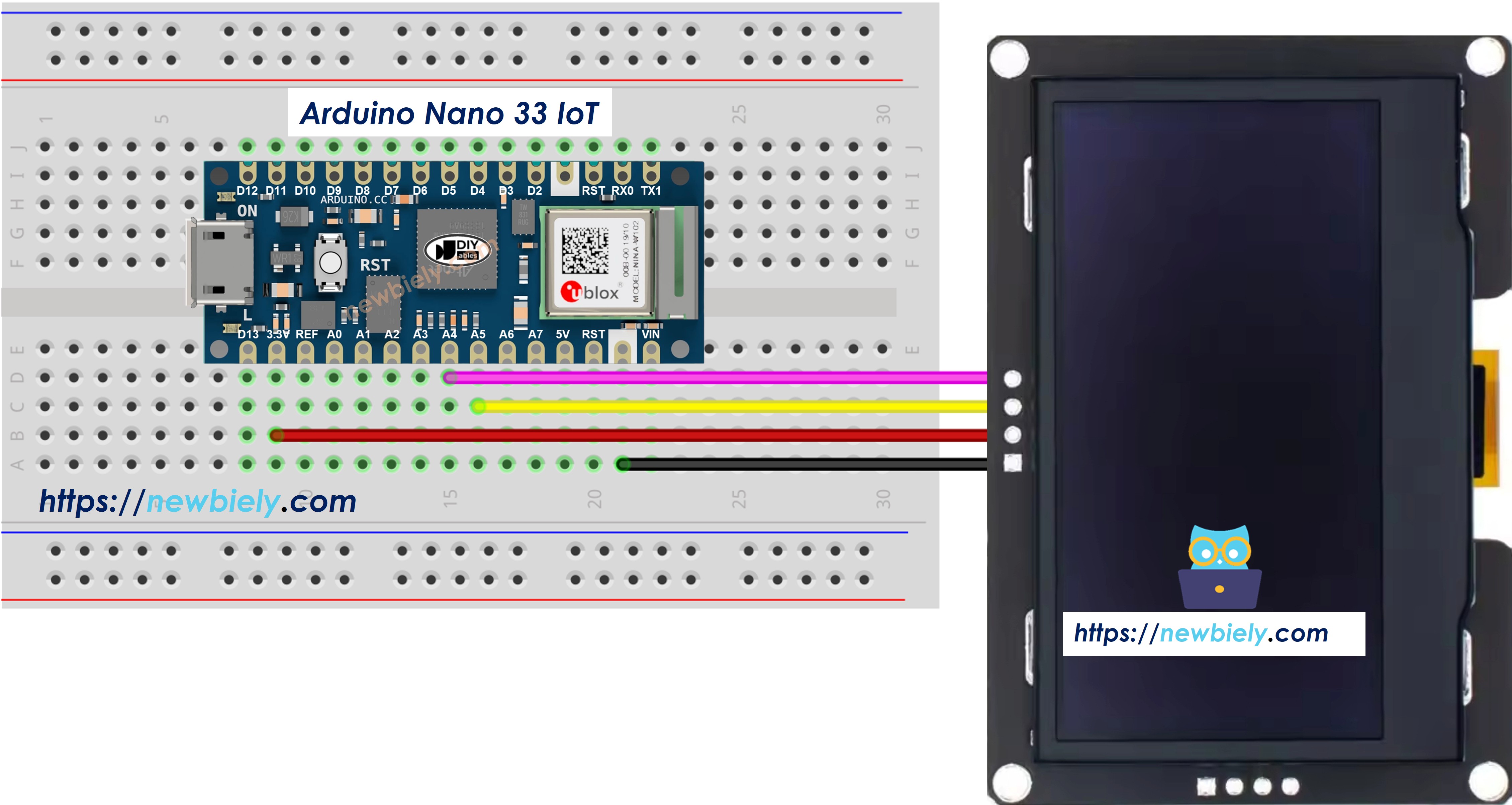 The wiring diagram between Arduino Nano and 33 IoT SSD1309 OLED