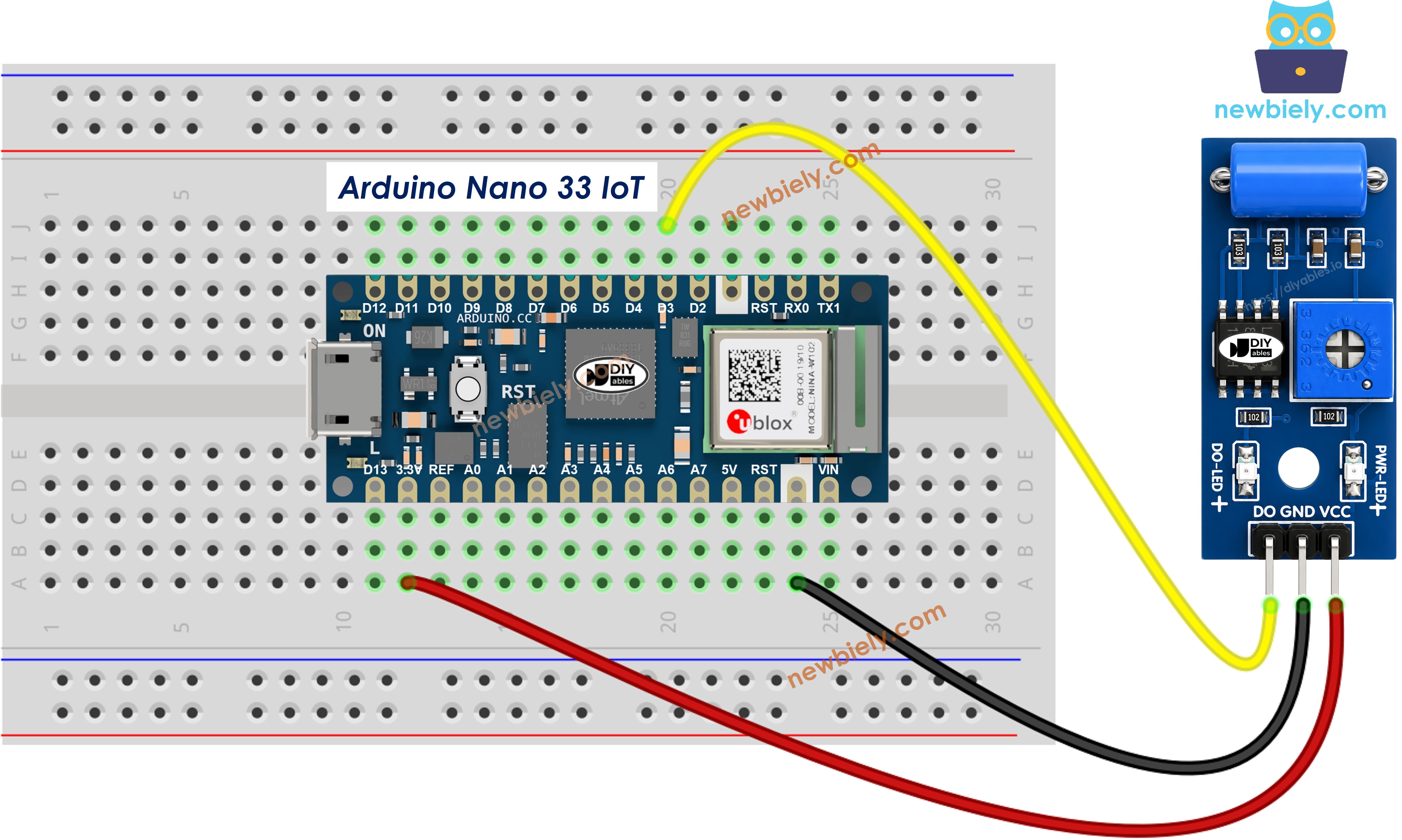 The wiring diagram between Arduino Nano and 33 IoT SW-420 Vibration Sensor