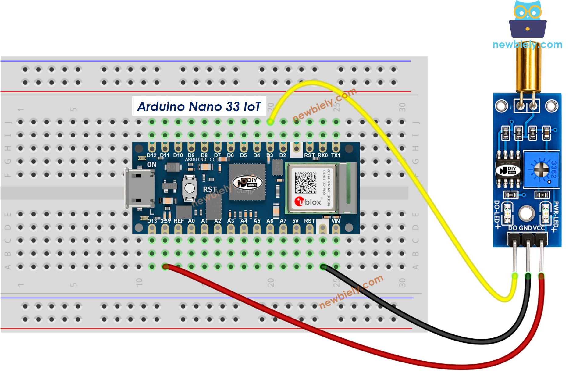 The wiring diagram between Arduino Nano and 33 IoT SW520D Tilt Sensor