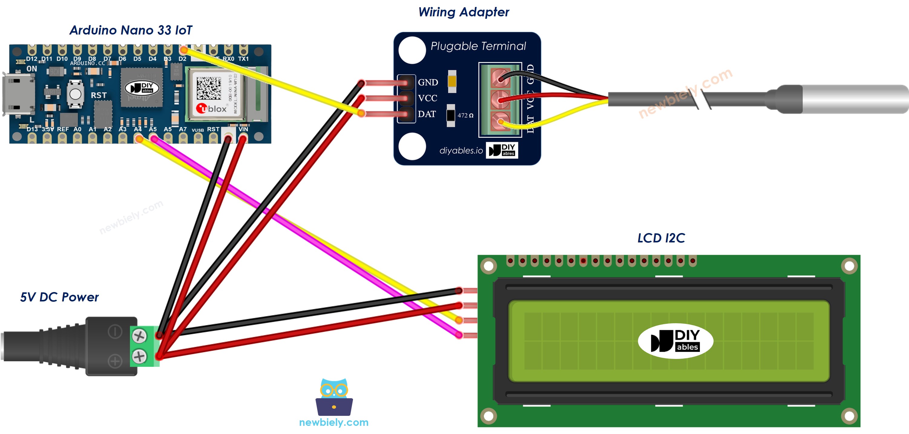 The wiring diagram between Arduino Nano and 33 IoT Temperature Sensor LCD