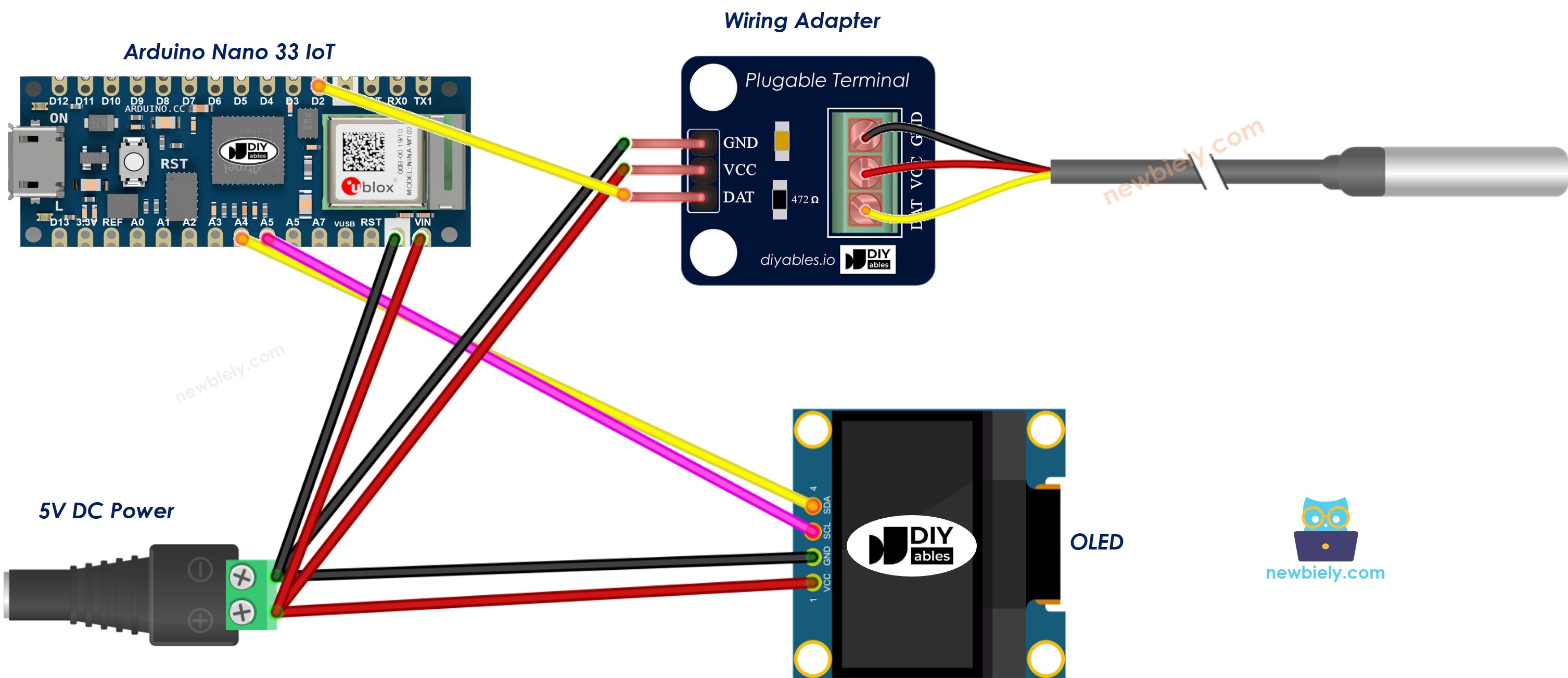 The wiring diagram between Arduino Nano and 33 IoT DS18B20 Temperature Sensor OLED