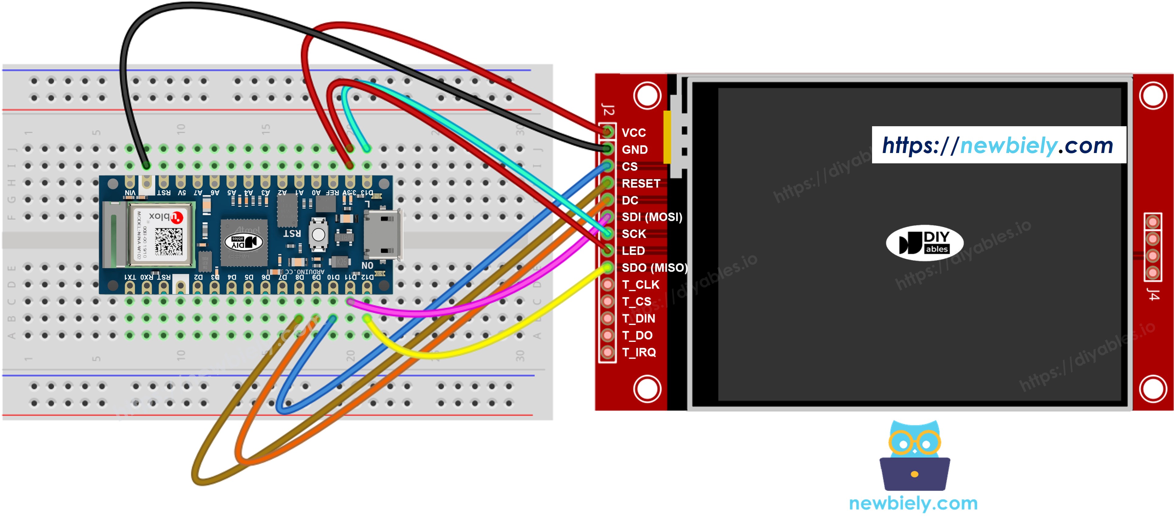 The wiring diagram between Arduino Nano and 33 IoT TFT SPI Display  without touch