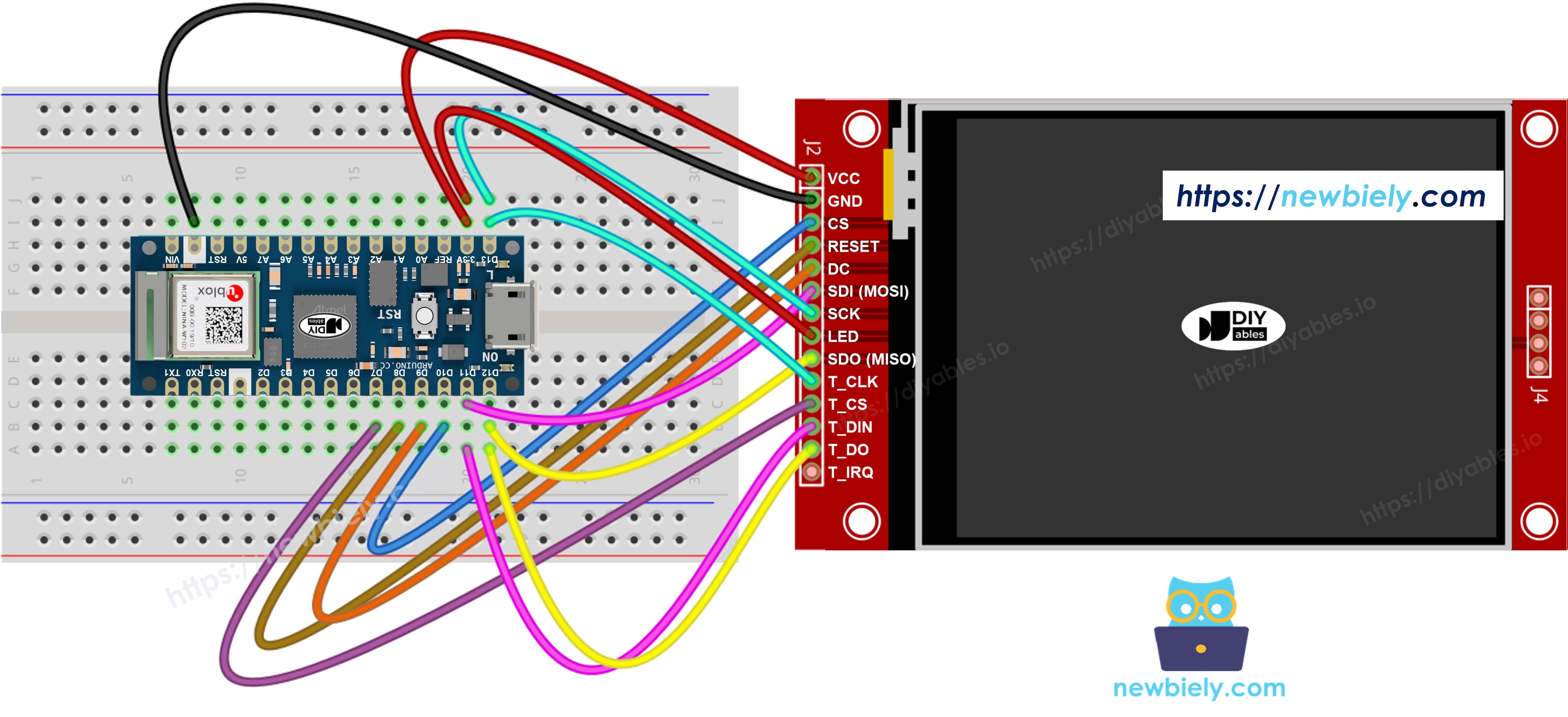The wiring diagram between Arduino Nano and 33 IoT TFT SPI Display  with touch
