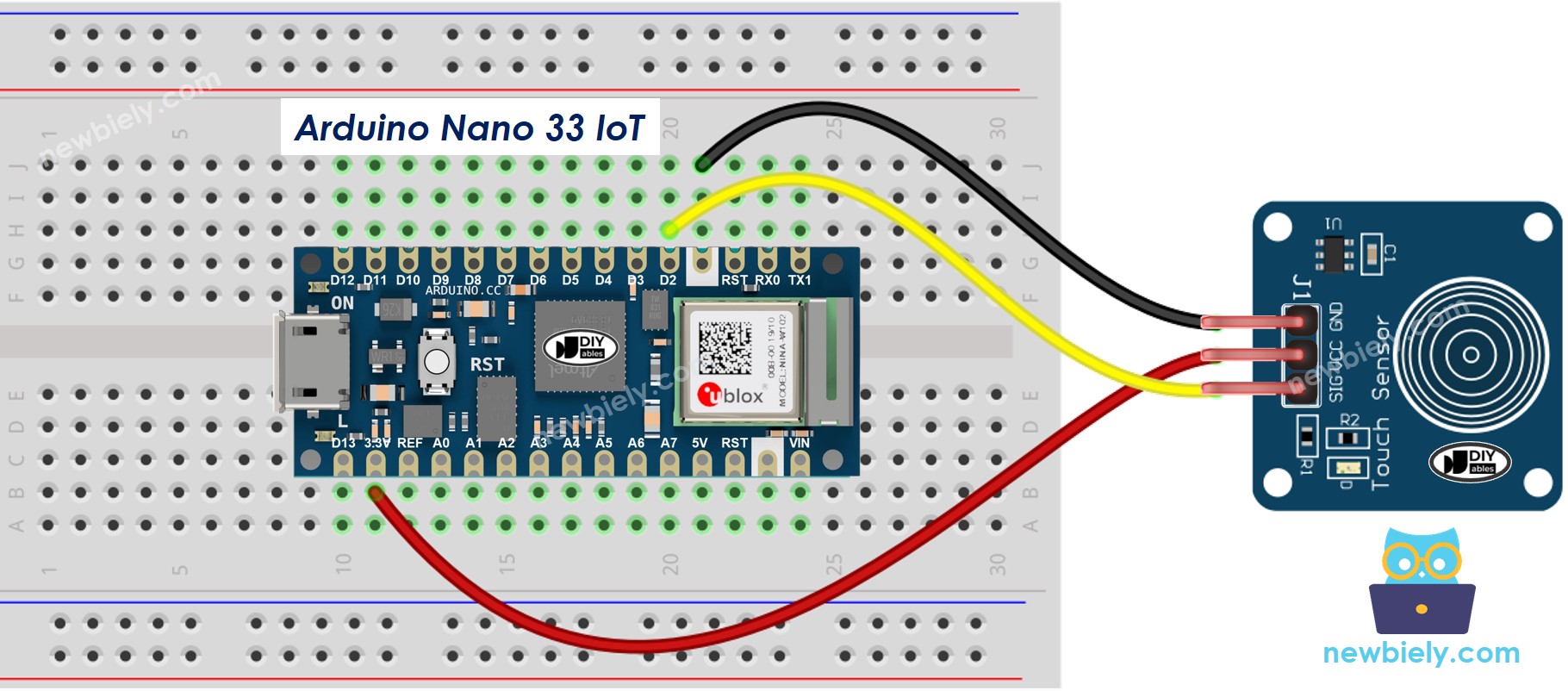 The wiring diagram between Arduino Nano and 33 IoT Touch Sensor