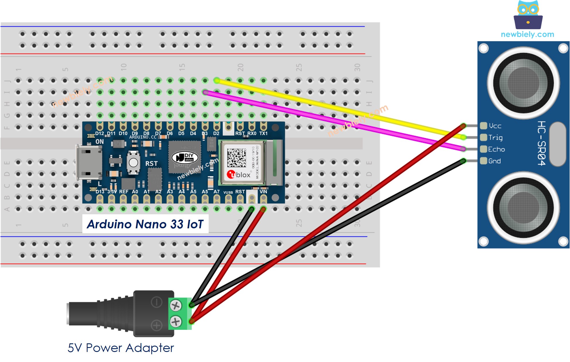 The wiring diagram between Arduino Nano and 33 IoT ultrasonic sensor external power