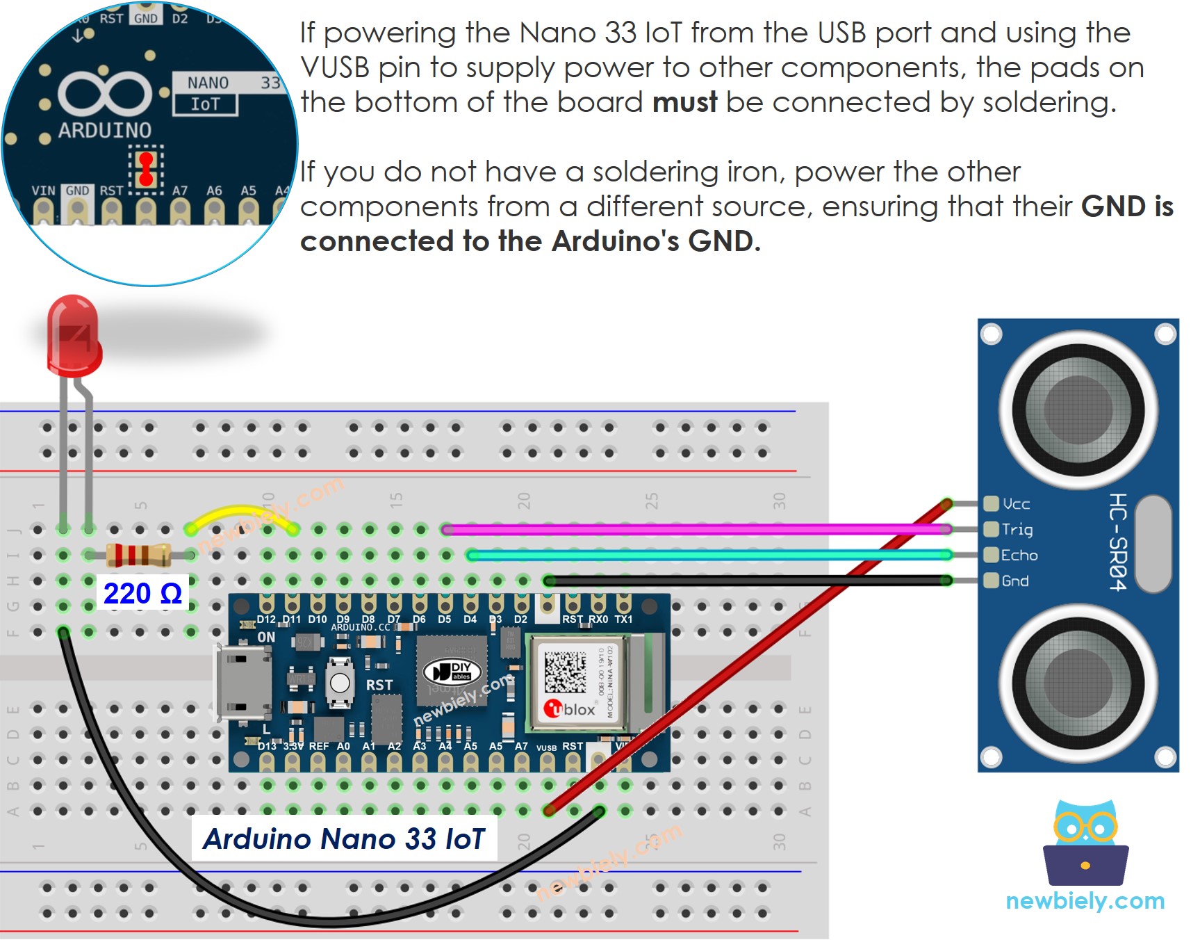 The wiring diagram between Arduino Nano and 33 IoT Ultrasonic Sensor LED