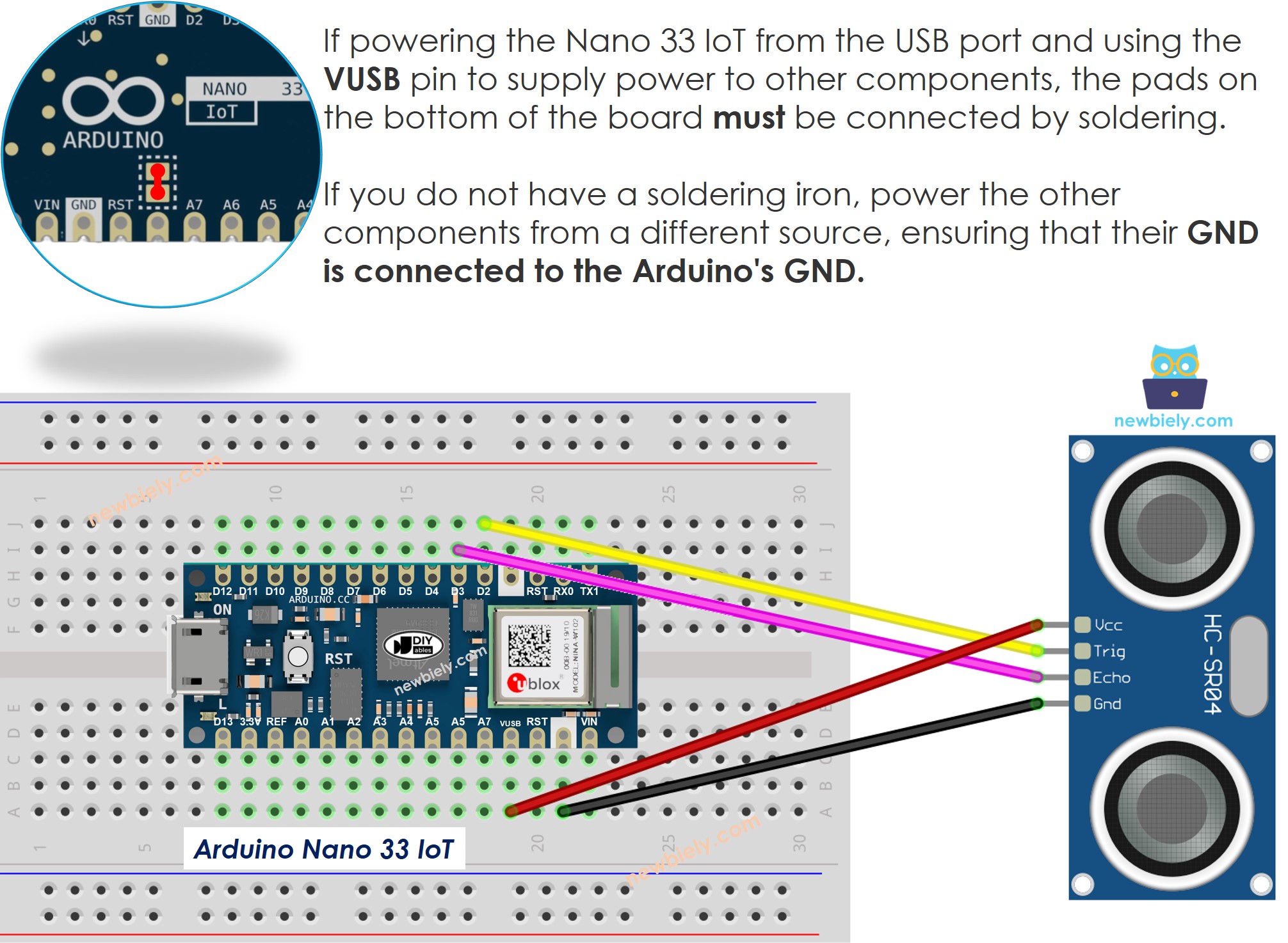 The wiring diagram between Arduino Nano and 33 IoT ultrasonic sensor