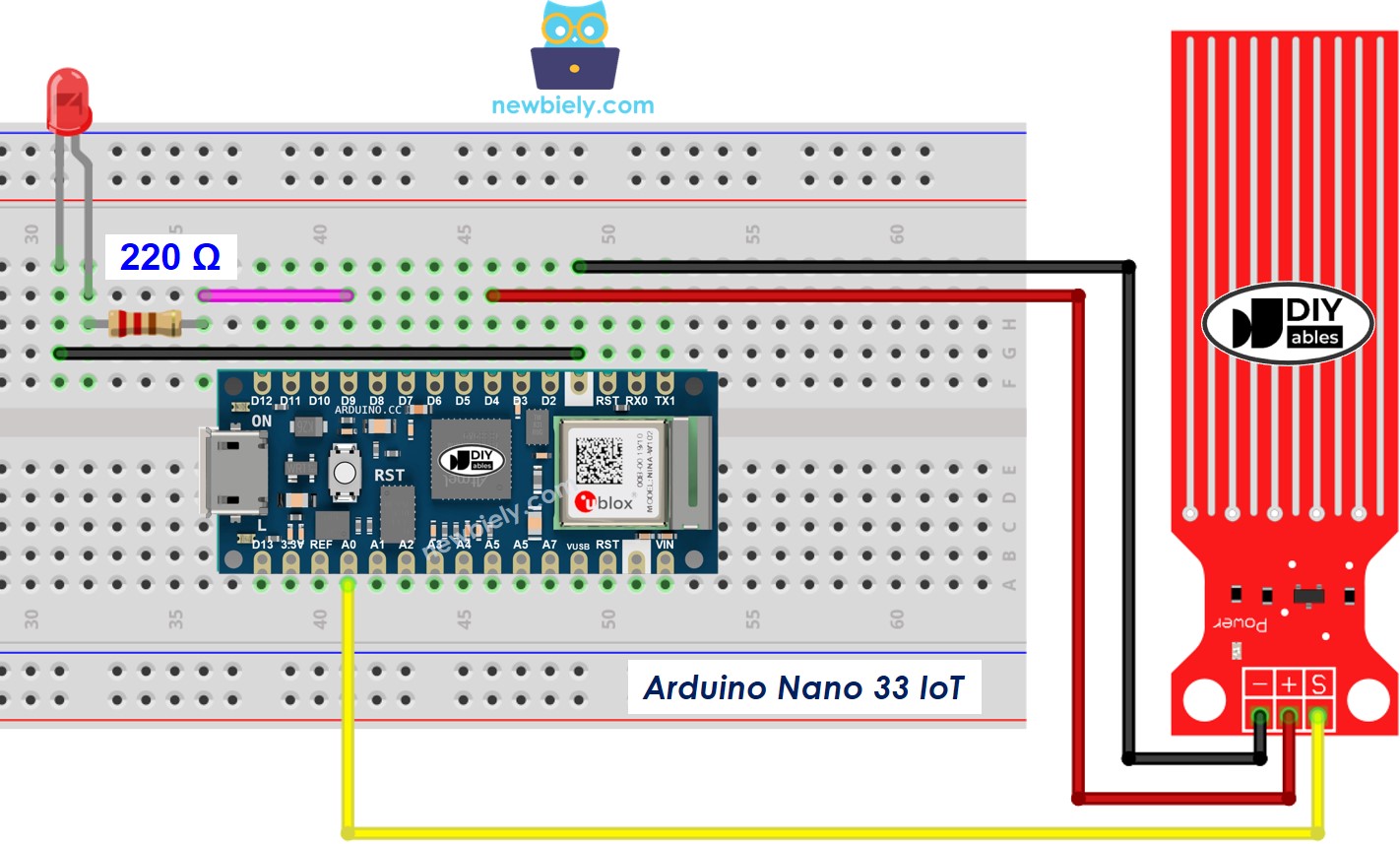 The wiring diagram between Arduino Nano and 33 IoT Water Sensor LED