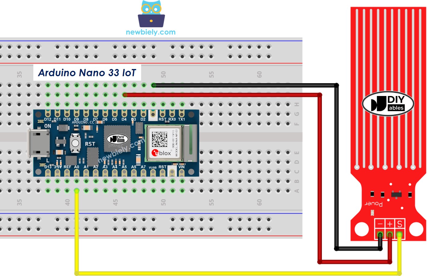 The wiring diagram between Arduino Nano and 33 IoT Water Sensor