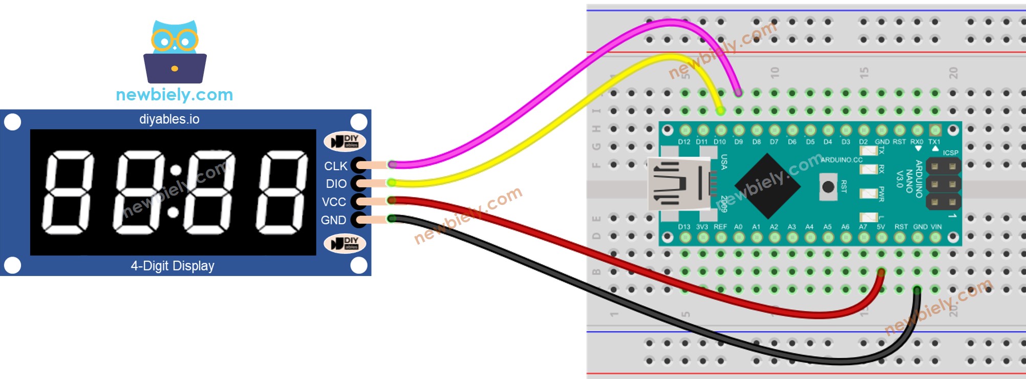 The wiring diagram between Arduino Nano and TM1637 Module