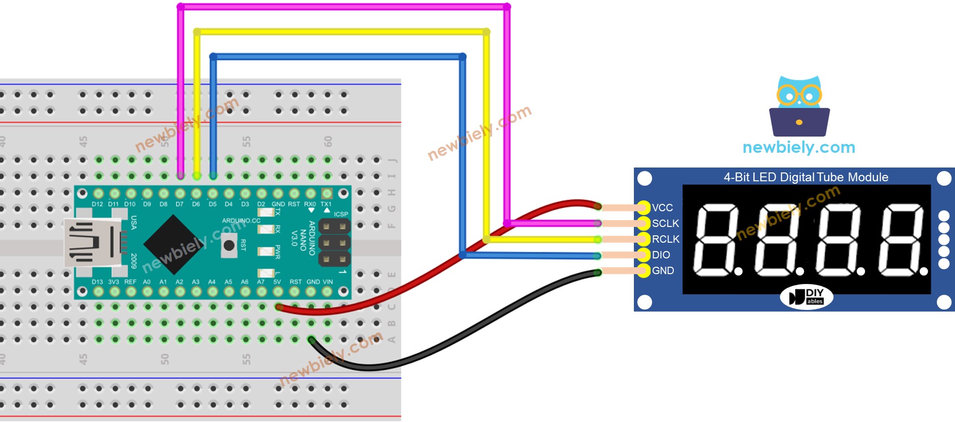 The wiring diagram between Arduino Nano and 74HC595 Module