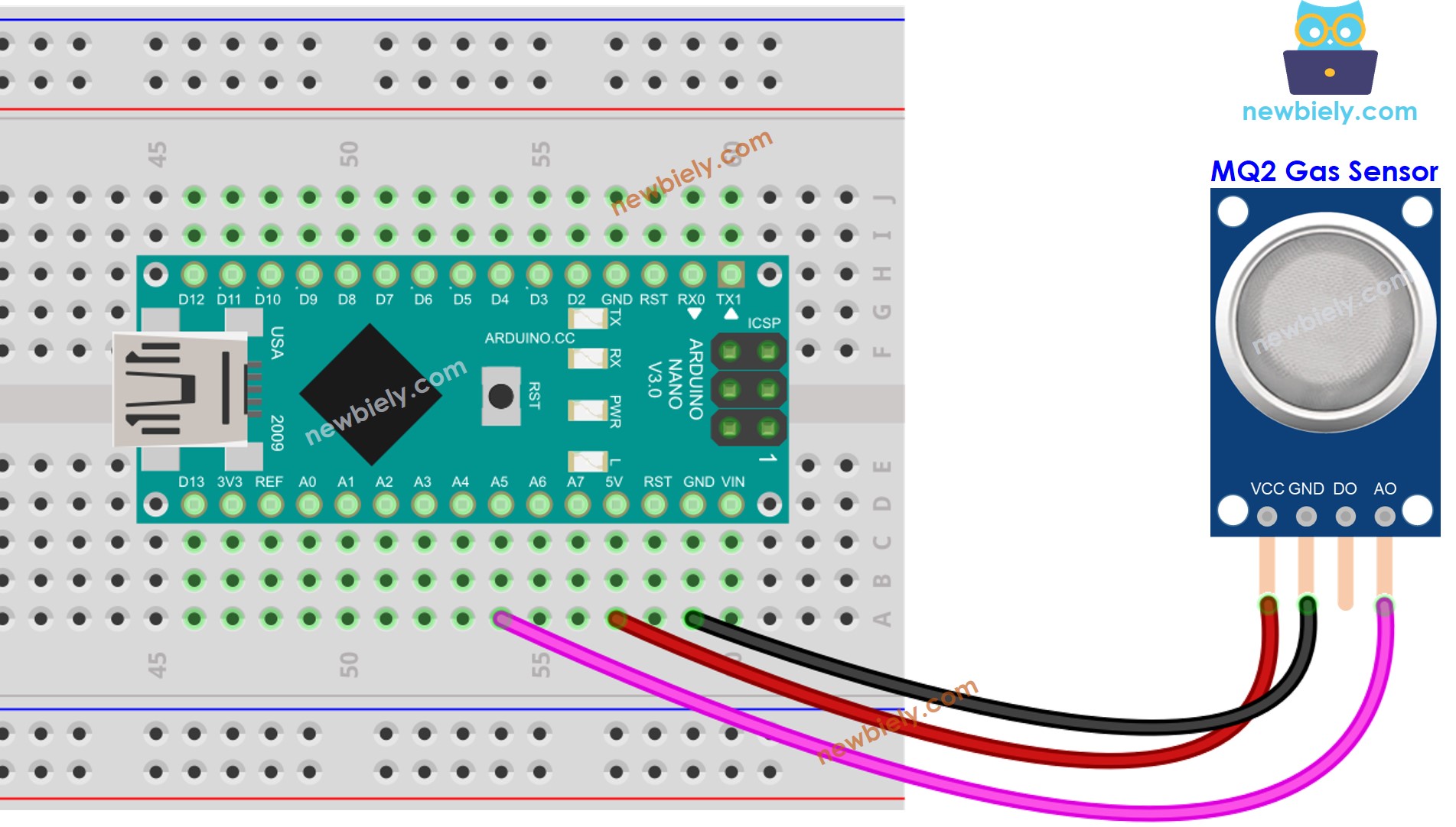 The wiring diagram between Arduino Nano and air quality