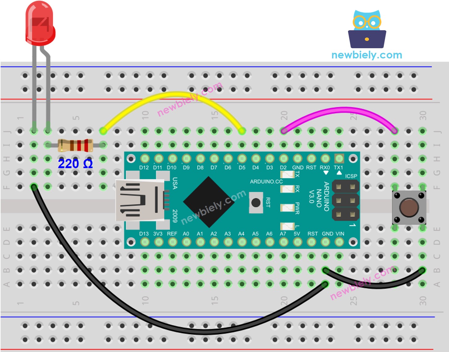 The wiring diagram between Arduino Nano and Button LED