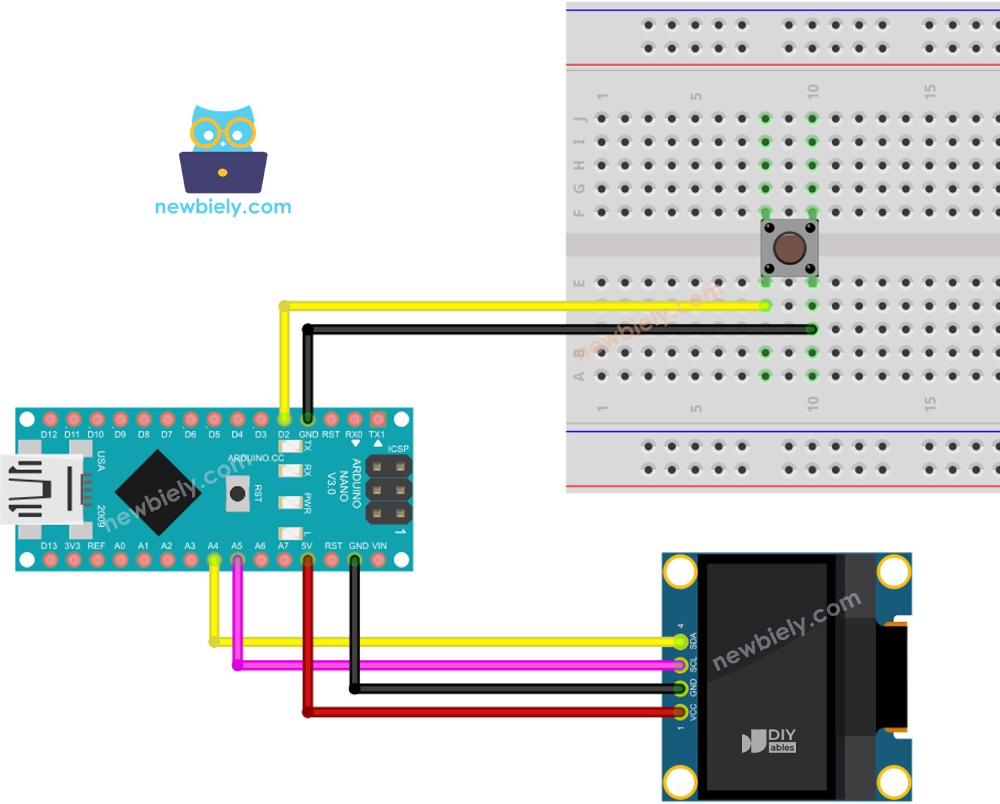 The wiring diagram between Arduino Nano and Button OLED