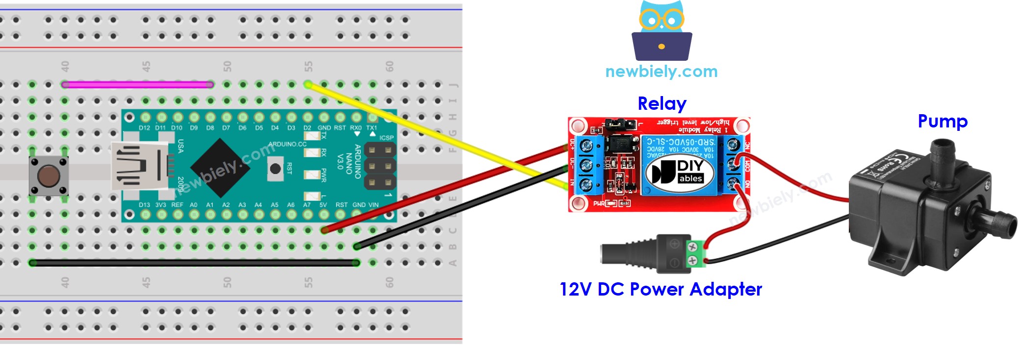 The wiring diagram between Arduino Nano and Button controls Pump