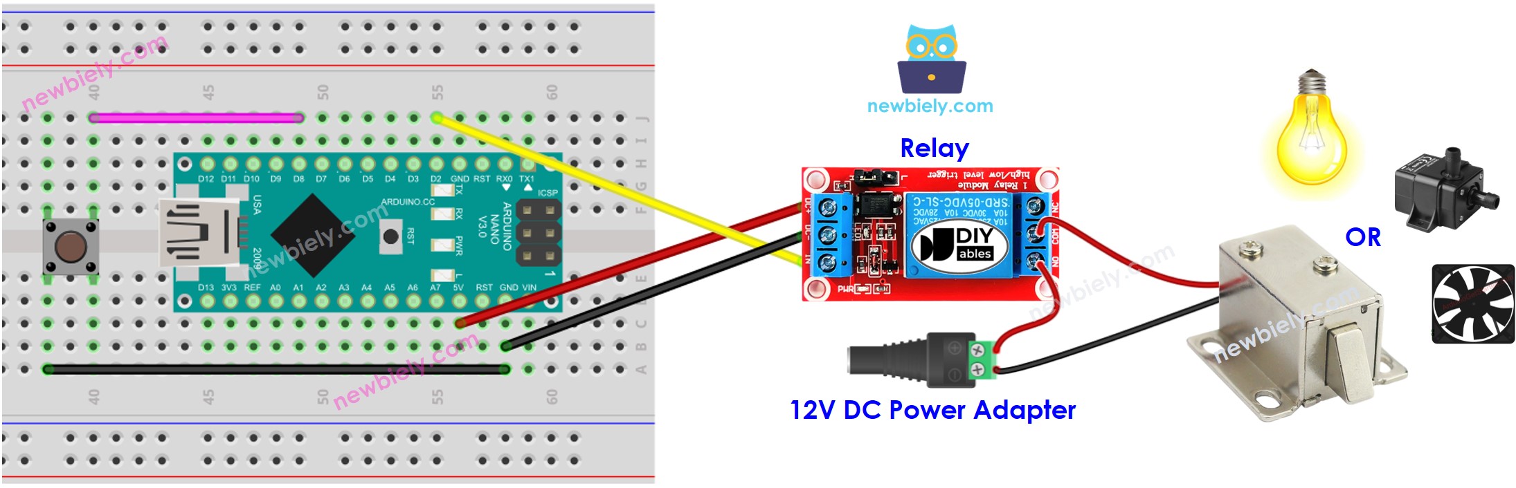 The wiring diagram between Arduino Nano and Button relay