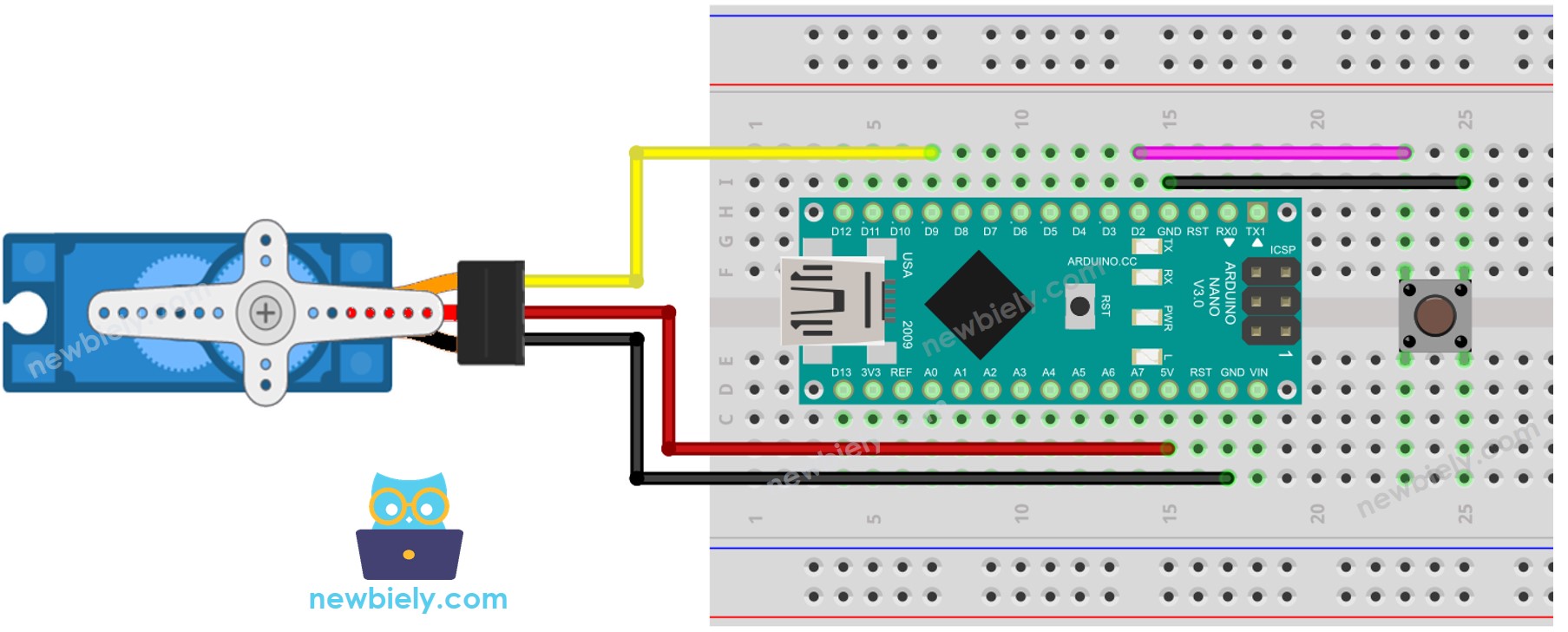 The wiring diagram between Arduino Nano and Button Servo Motor