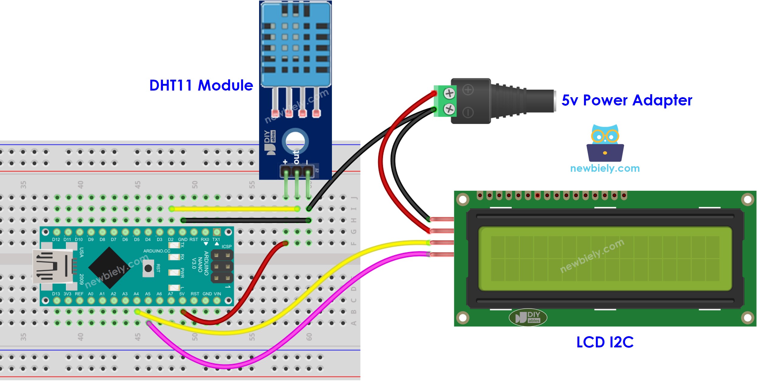 The wiring diagram between Arduino Nano and DHT11 temperature humidity LCD external power