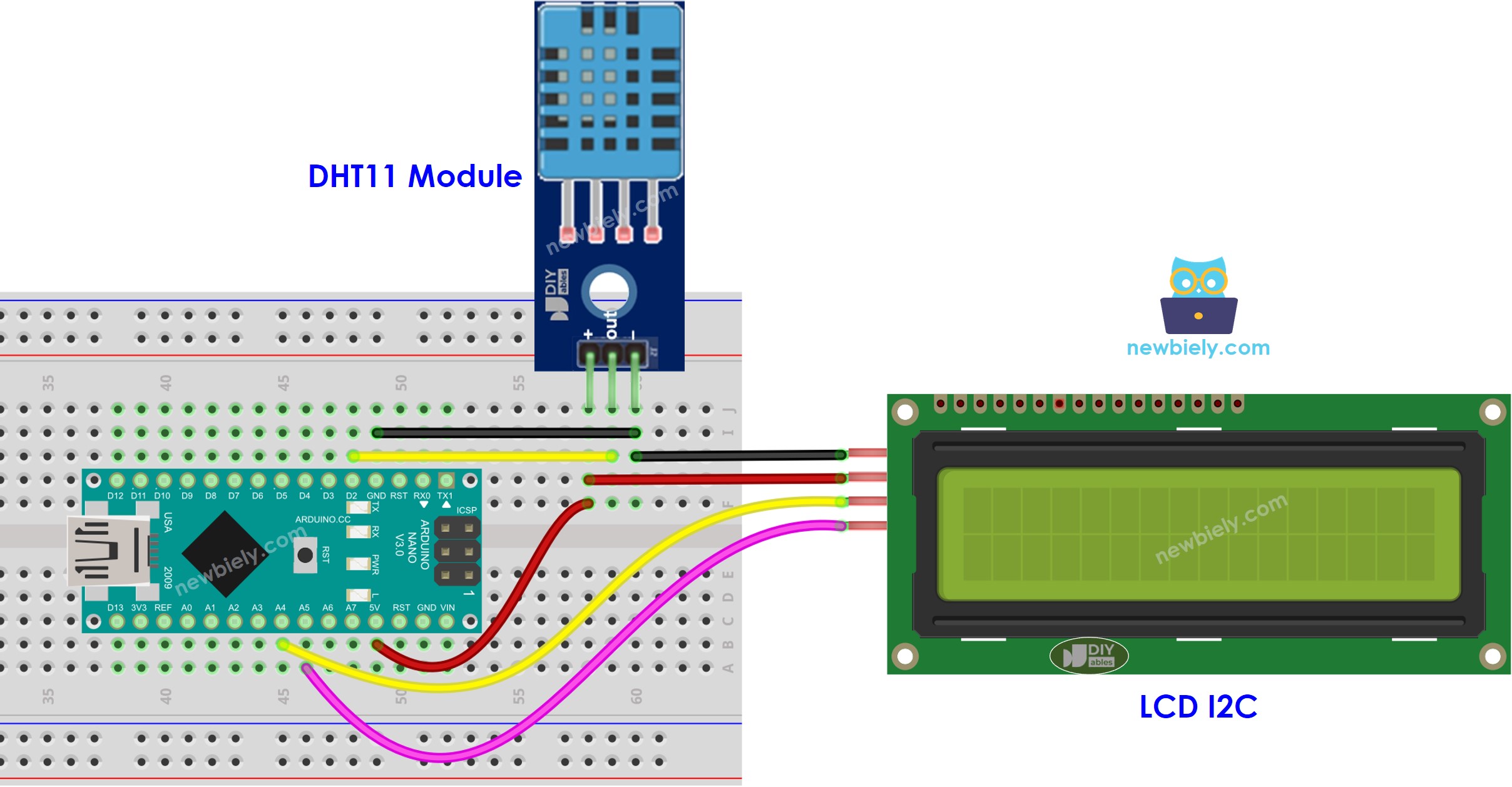 The wiring diagram between Arduino Nano and DHT11 temperature and humidity LCD