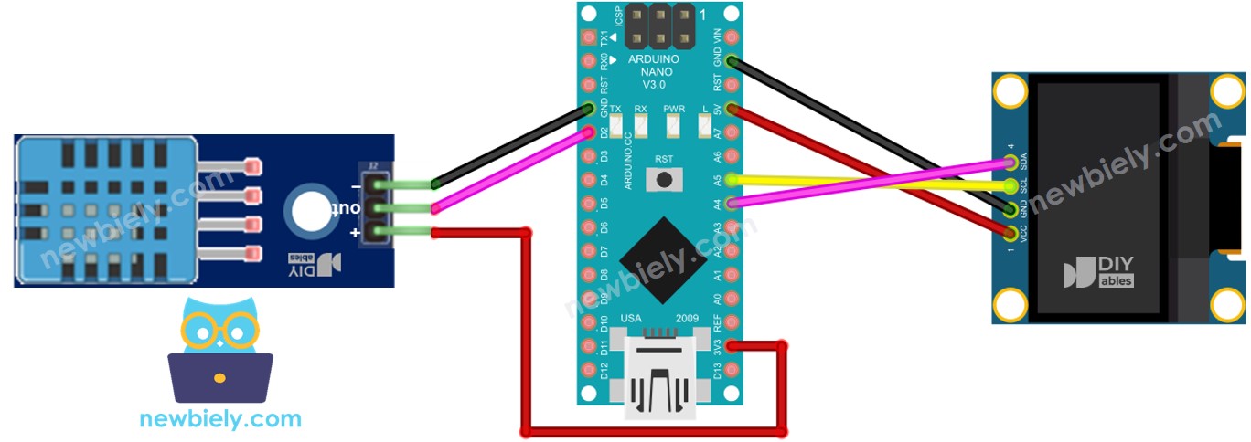 The wiring diagram between Arduino Nano and DHT11 Sensor OLED
