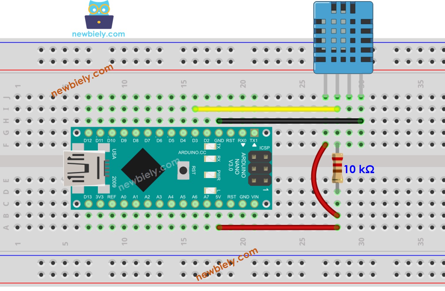 The wiring diagram between Arduino Nano and DHT11 Temperature and humidity Sensor