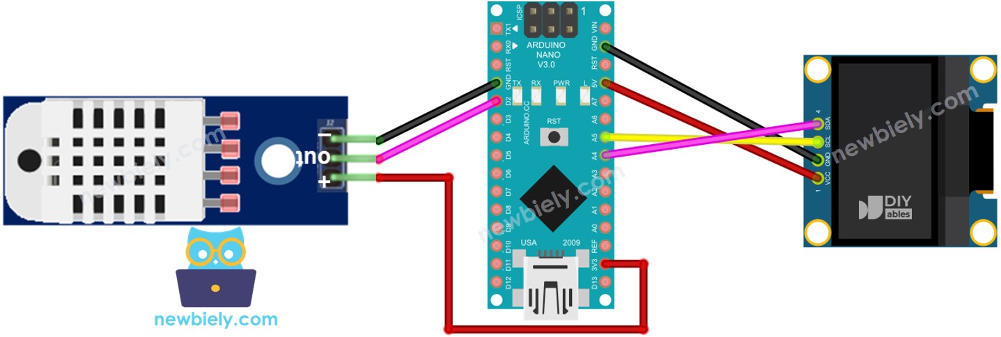 The wiring diagram between Arduino Nano and DHT22 Sensor OLED