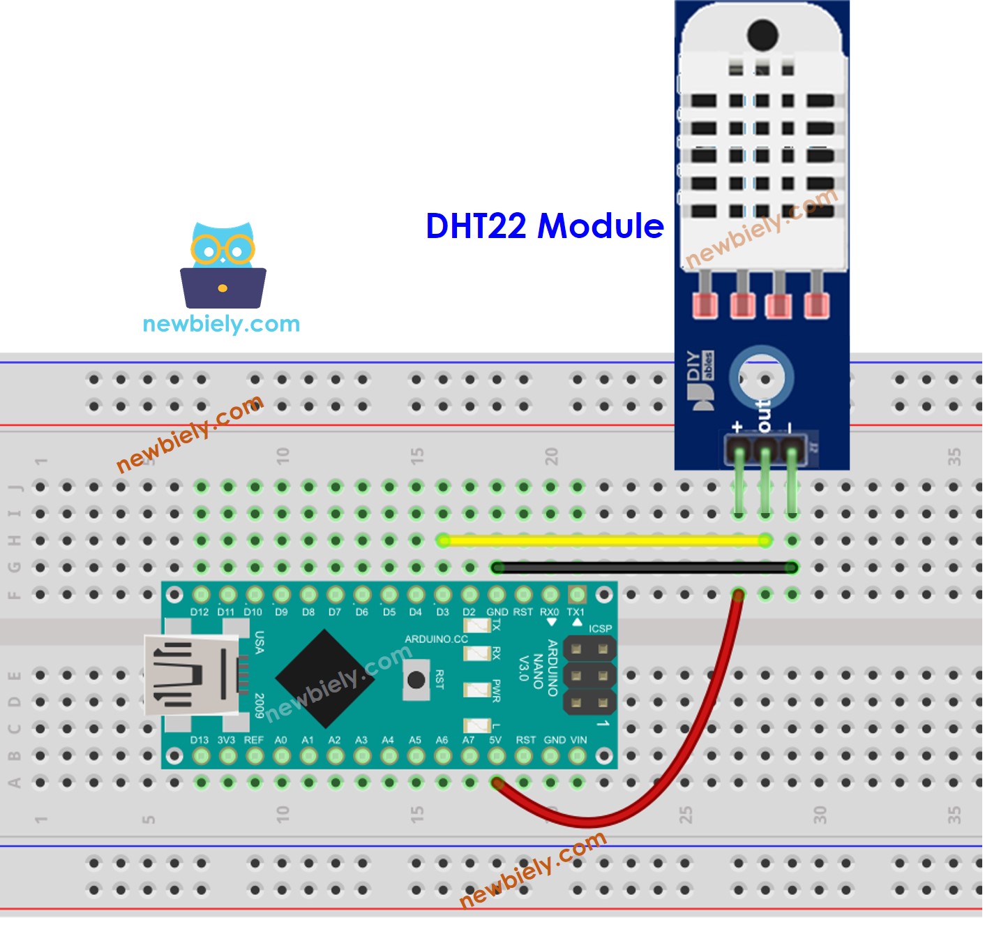 The wiring diagram between Arduino Nano and DHT22 Temperature and humidity Module