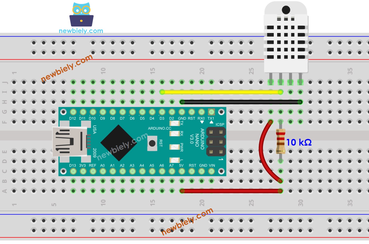 The wiring diagram between Arduino Nano and DHT22 Temperature and humidity Sensor