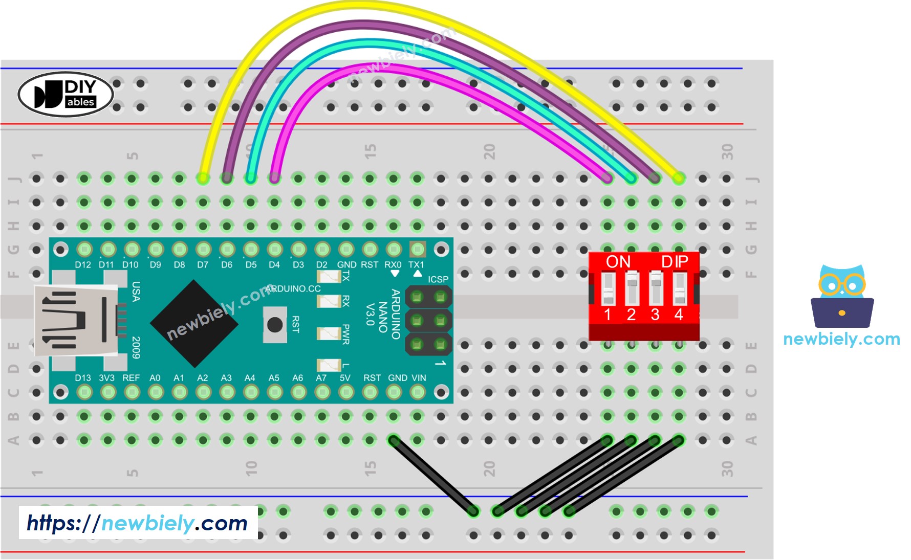 The wiring diagram between Arduino Nano and DIP switch