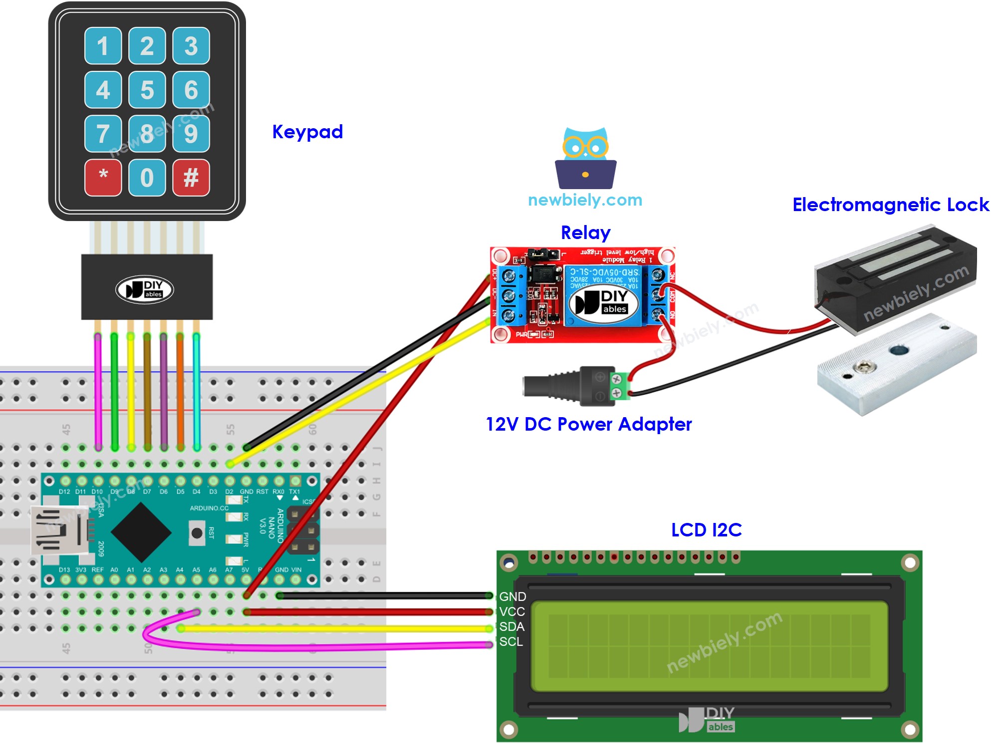 The wiring diagram between Arduino Nano and door lock system lcd
