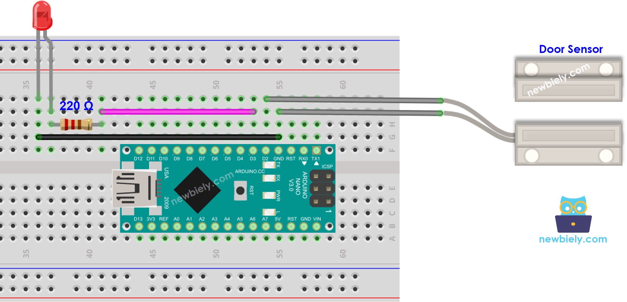 The wiring diagram between Arduino Nano and door sensor LED