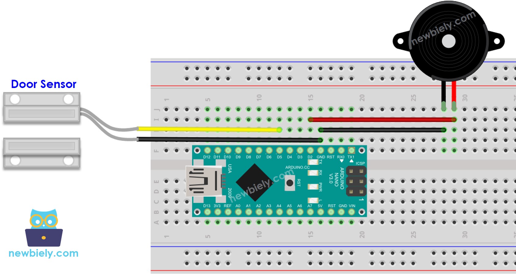 The wiring diagram between Arduino Nano and Door Sensor Piezo Buzzer