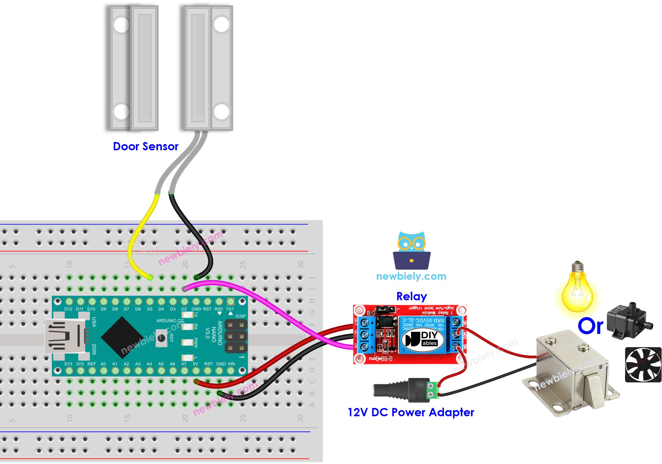 The wiring diagram between Arduino Nano and door sensor relay