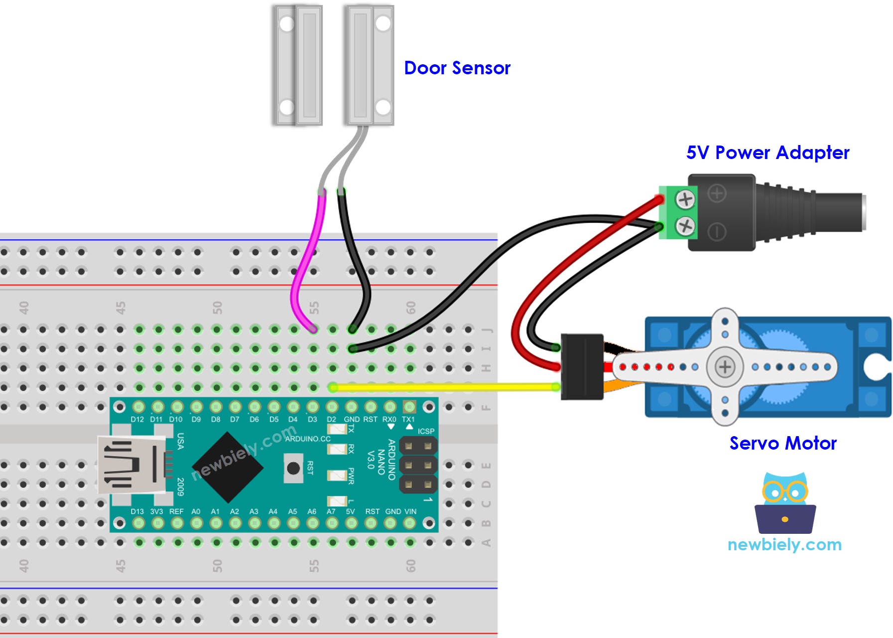 The wiring diagram between Arduino Nano and door sensor servo motor external power
