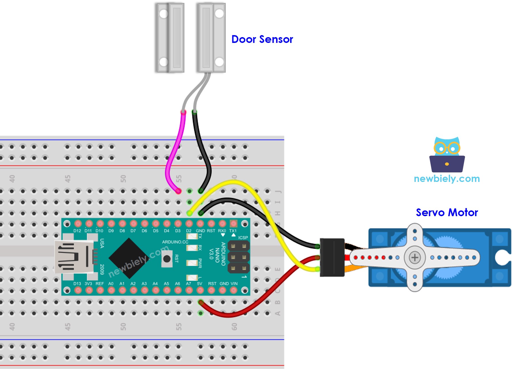 The wiring diagram between Arduino Nano and door sensor servo motor