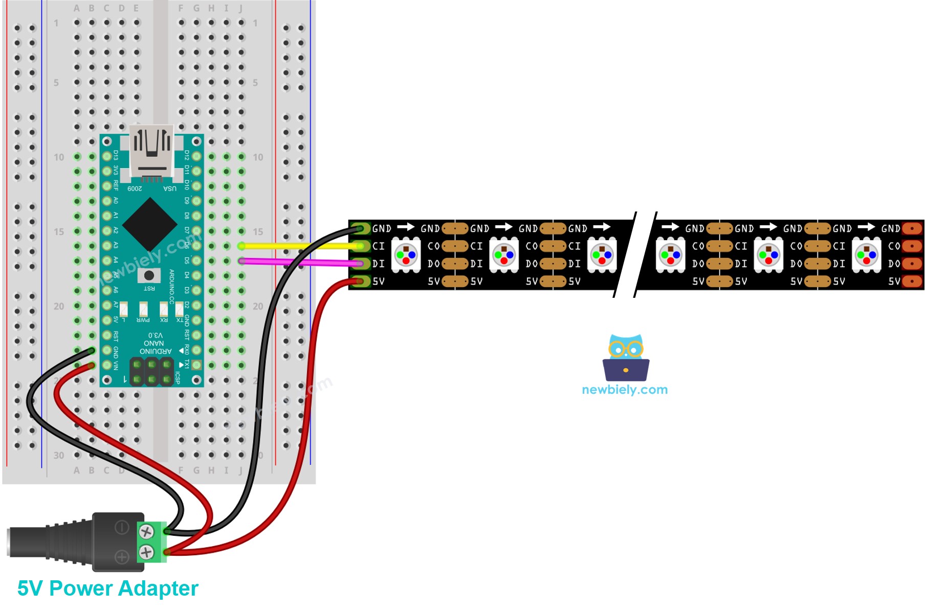 The wiring diagram between Arduino Nano and DotStar RGB LED strip