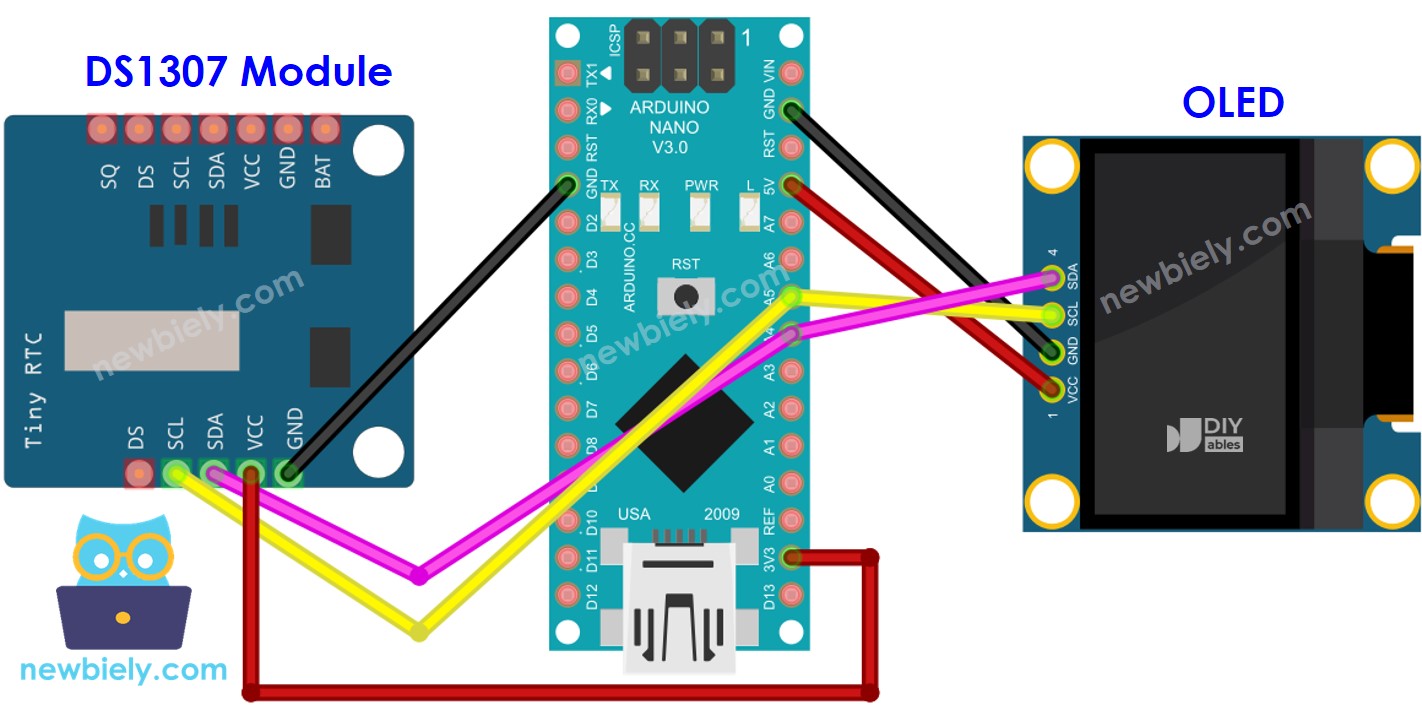 The wiring diagram between Arduino Nano and DS1307 OLED