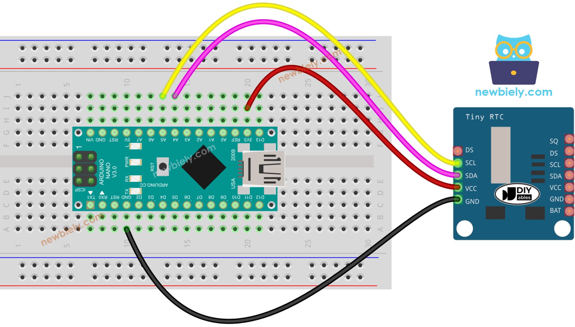 The wiring diagram between Arduino Nano and Real-Time Clock DS1307