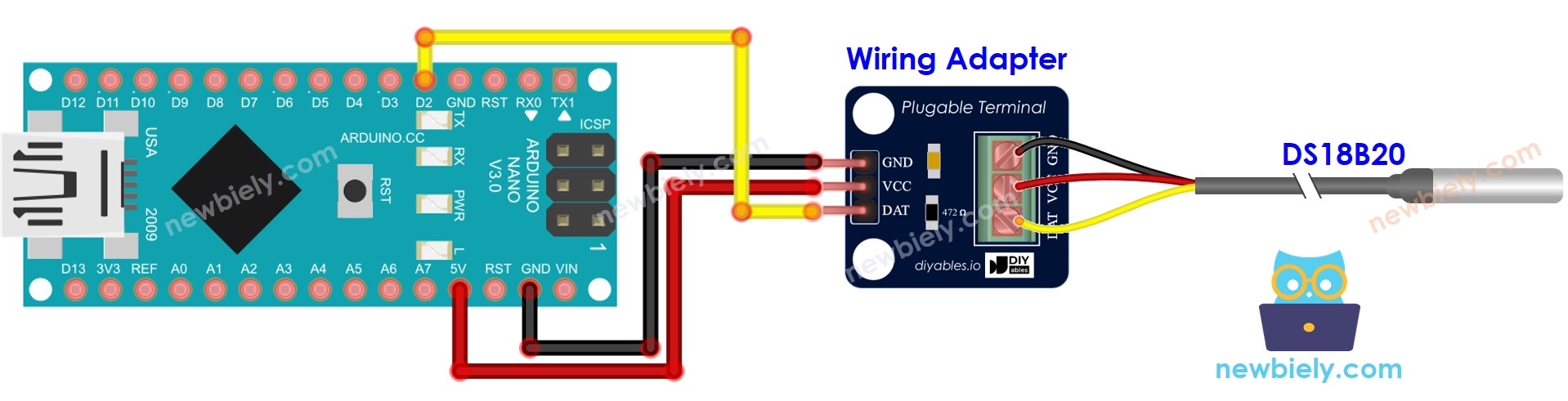 The wiring diagram between Arduino Nano and DS18B20