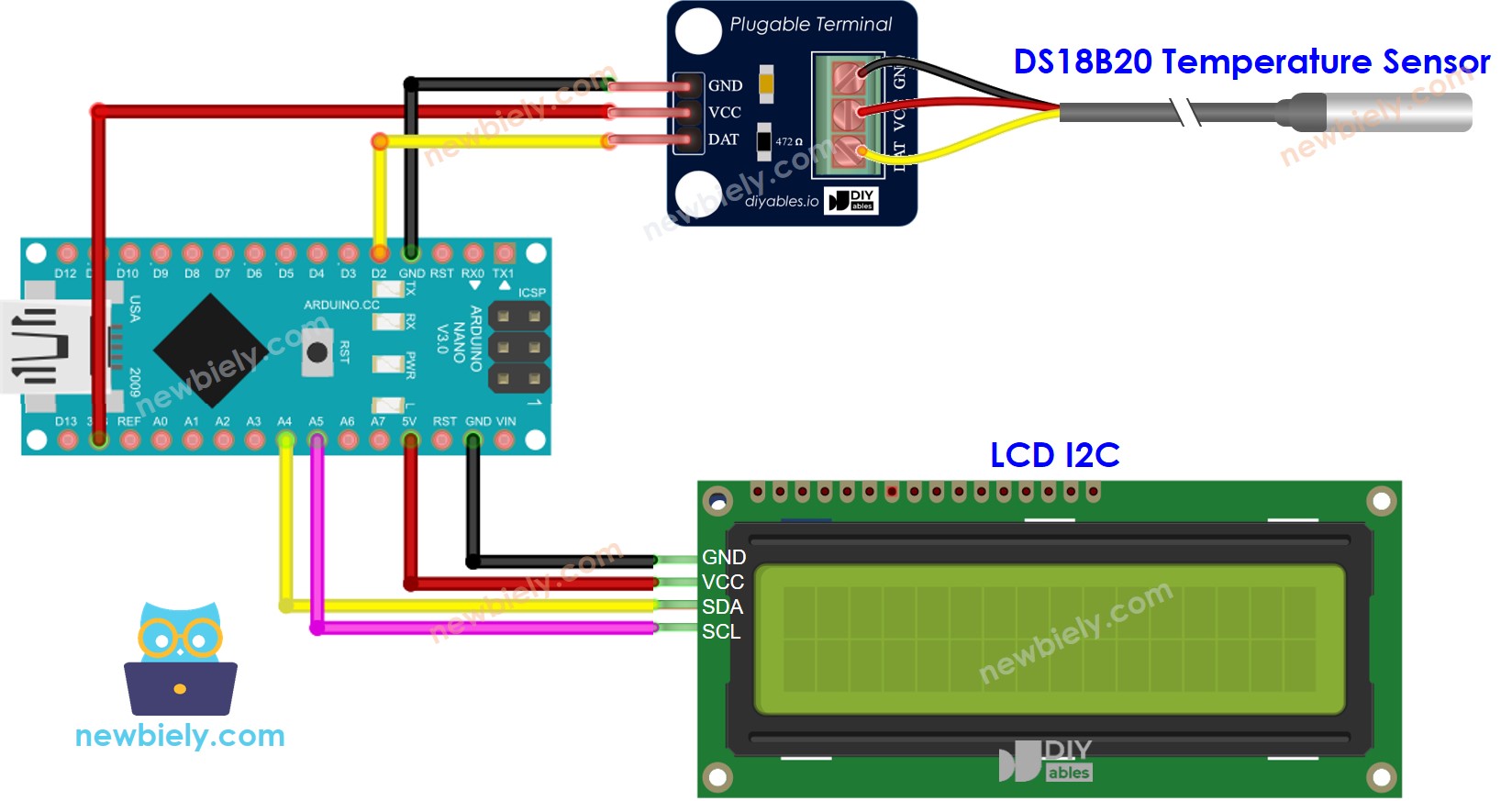 The wiring diagram between Arduino Nano and DS18B20 Temperature Sensor LCD