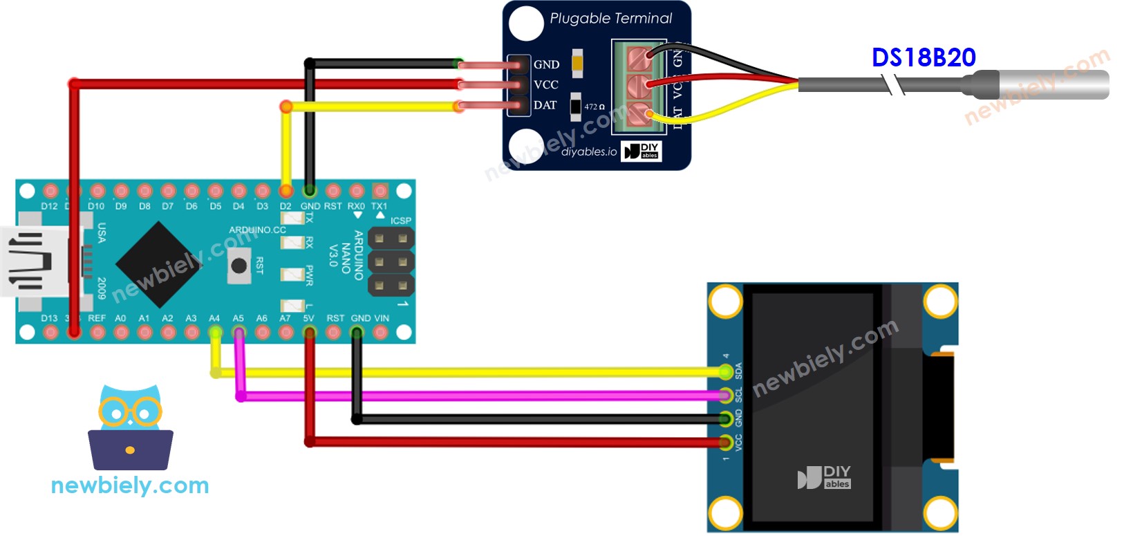 The wiring diagram between Arduino Nano and DS18B20 Temperature Sensor OLED