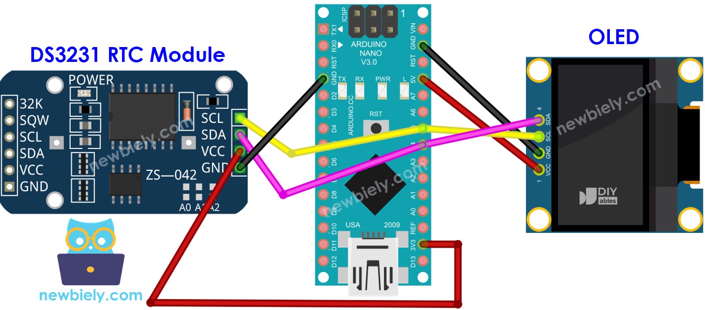 The wiring diagram between Arduino Nano and DS3231 OLED