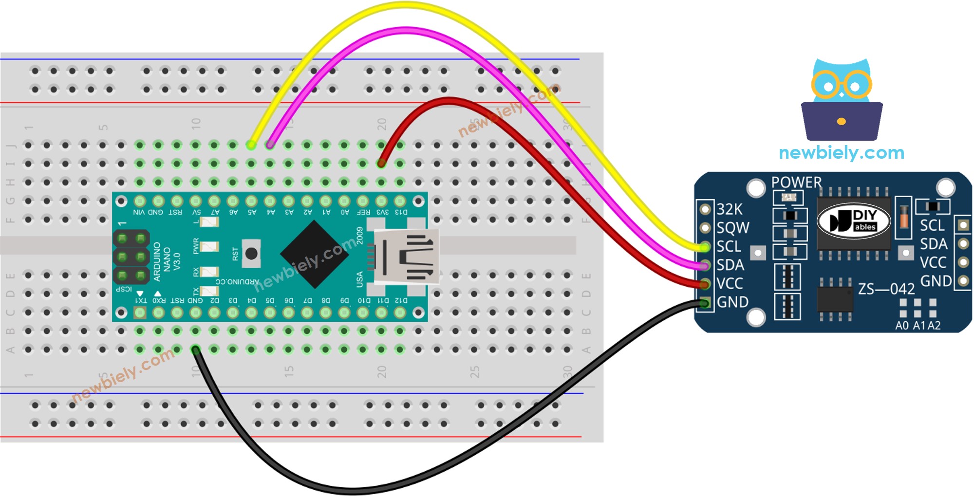 The wiring diagram between Arduino Nano and Real-Time Clock DS3231
