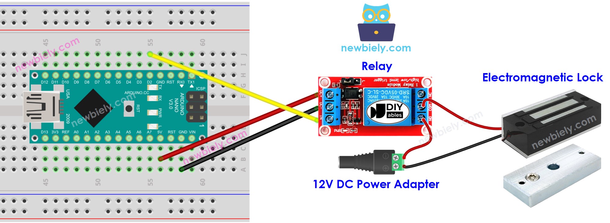 The wiring diagram between Arduino Nano and electromagnetic lock