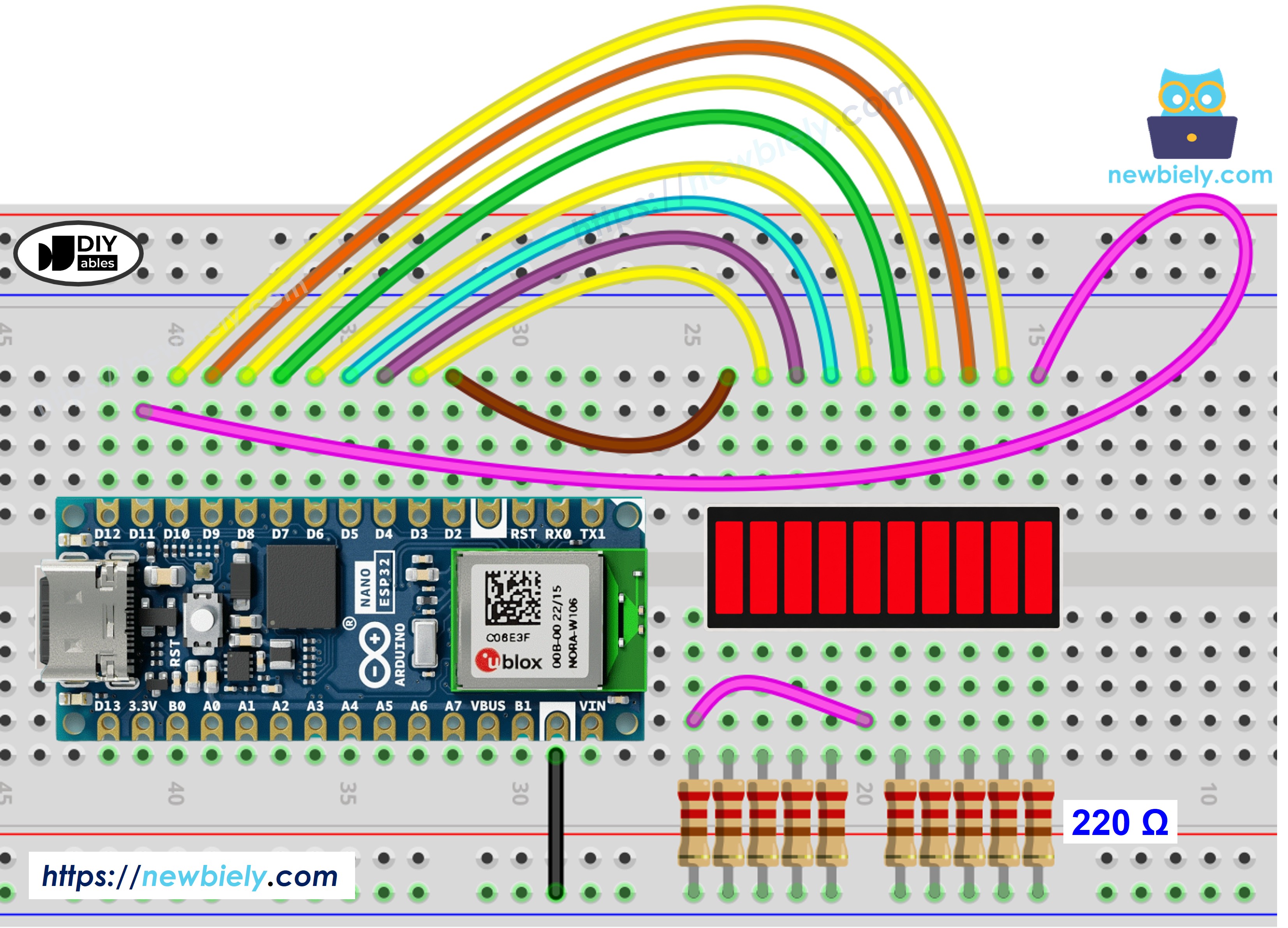 Wiring diagram for 10 Segment LED Bar Graph and Arduino Nano ESP32