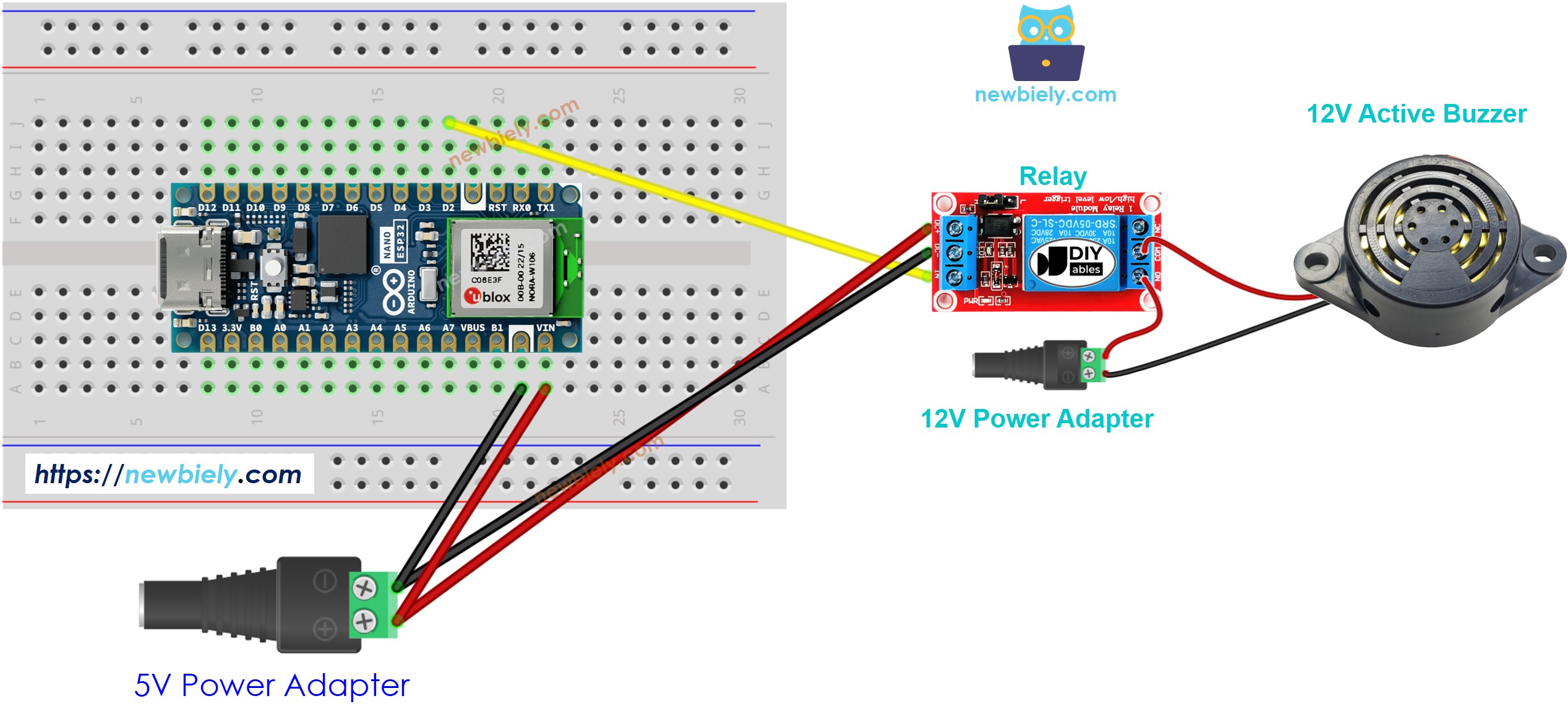 The wiring diagram between Arduino Nano ESP32 and 12V Active Buzzer