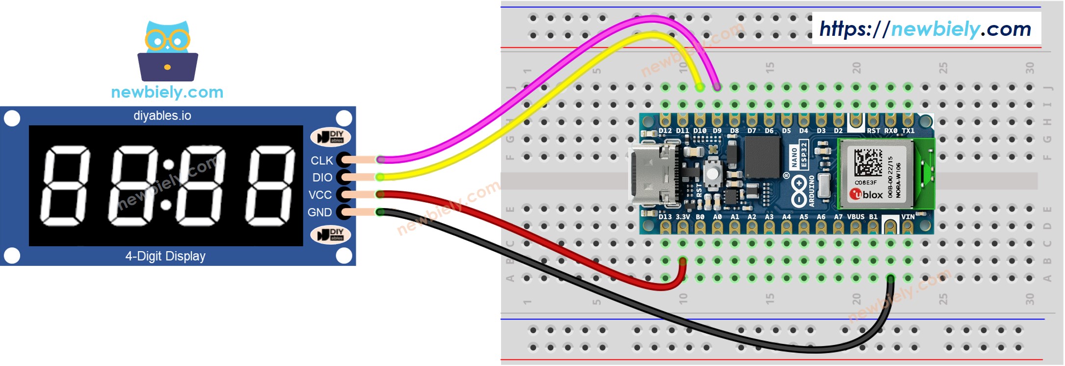 The wiring diagram between Arduino Nano ESP32 and TM1637 Module